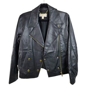 Michael Kors Black Faux Leather Motorcycle Jacket Womens Size M Gold Accents‎
